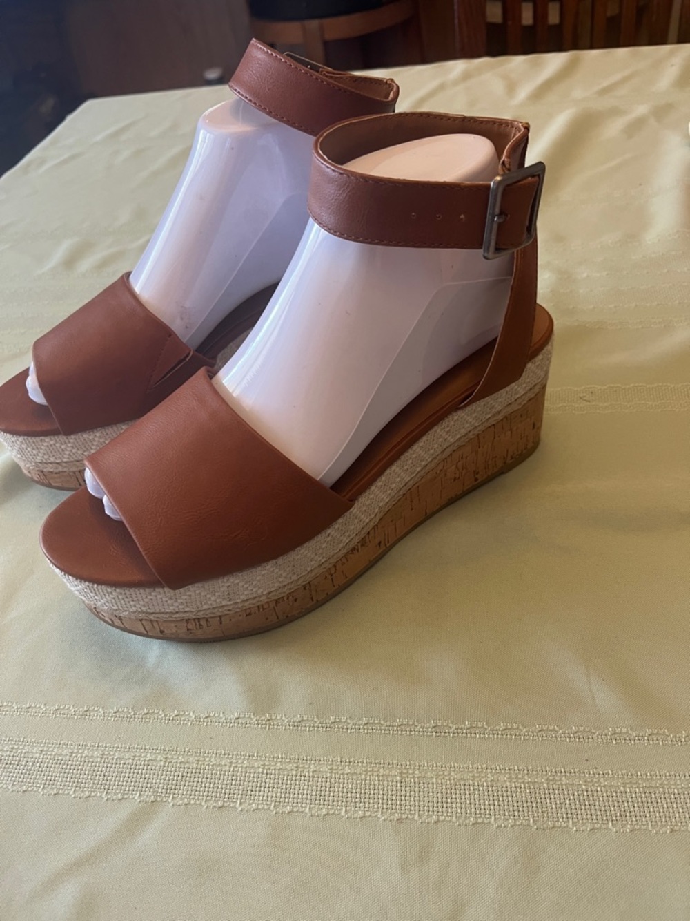 Universal Thread Tan Brown Cork Espadrille Wedge Sandals with Ankle Buckle.